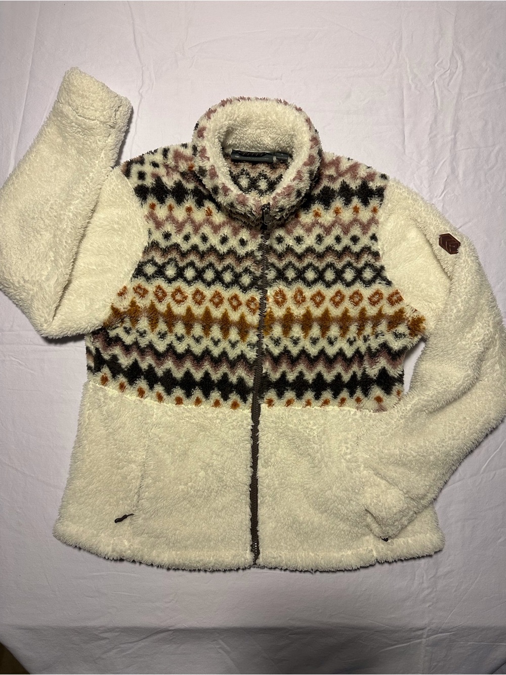 Free Country Women's Cream Fair Isle Sherpa Fleece Jacket Size Large